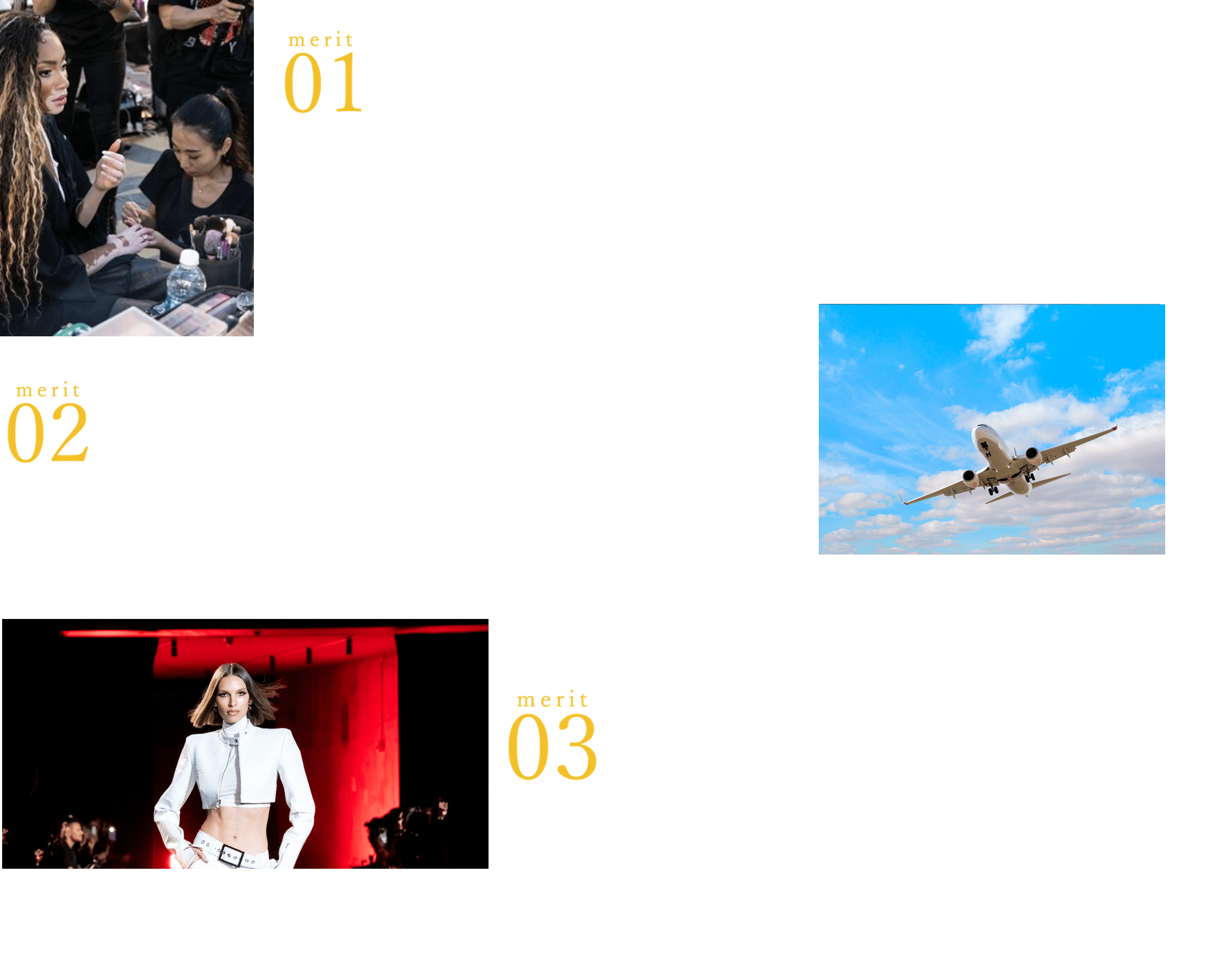 merit01　セレブのネイルや憧れのニューヨークコレクションで経験が積める!　merit02　ネイルアーティストとして収入もアップ！　merit03　NYで最先端のセンスを磨き、国際的な感覚を身に着ける!