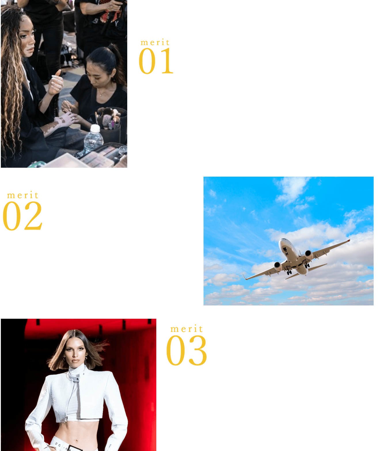 merit01　セレブのネイルや憧れのニューヨークコレクションで経験が積める!　merit02　ネイルアーティストとして収入もアップ！　merit03　NYで最先端のセンスを磨き、国際的な感覚を身に着ける!